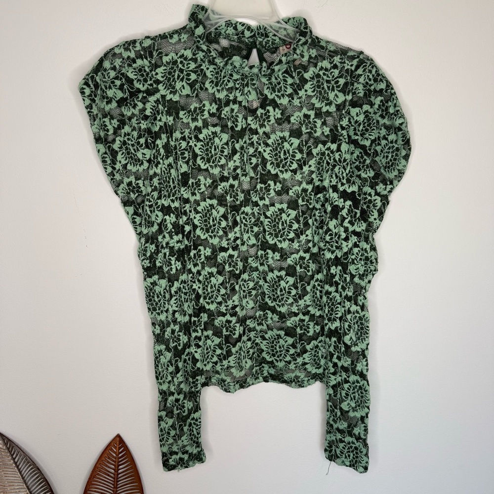 Anthropologie Mint Green Floral Lace Long-Sleeve Mock Neck Top - Picture 6 of 10